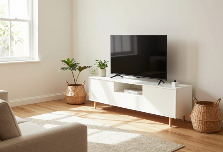 Modern living room with white Eket cube media console, TV, beige sofa, and warm wood accents.