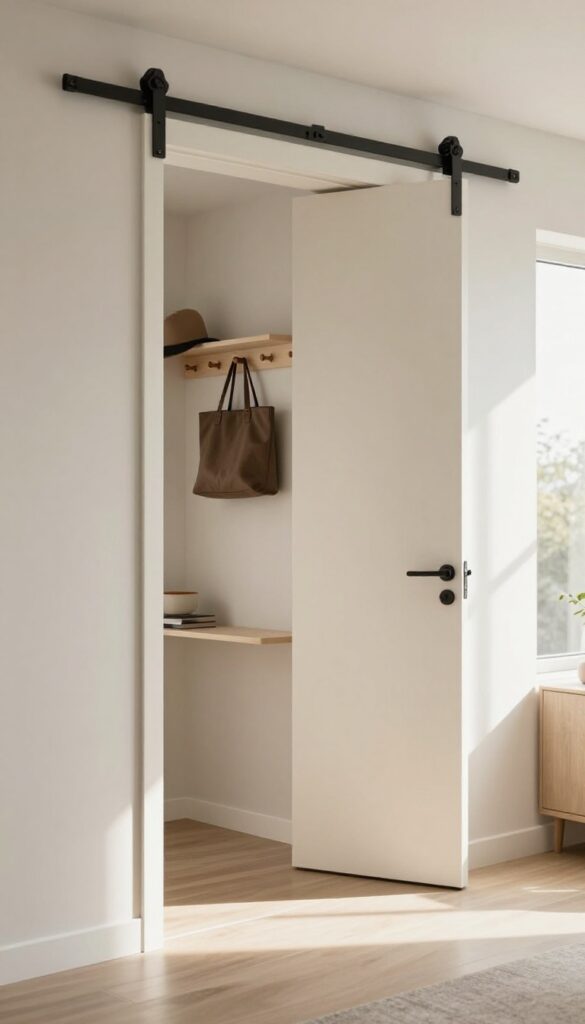 Sliding barn door on ceiling track with built-in shelves and hooks, separating living and dining areas in bright modern interior