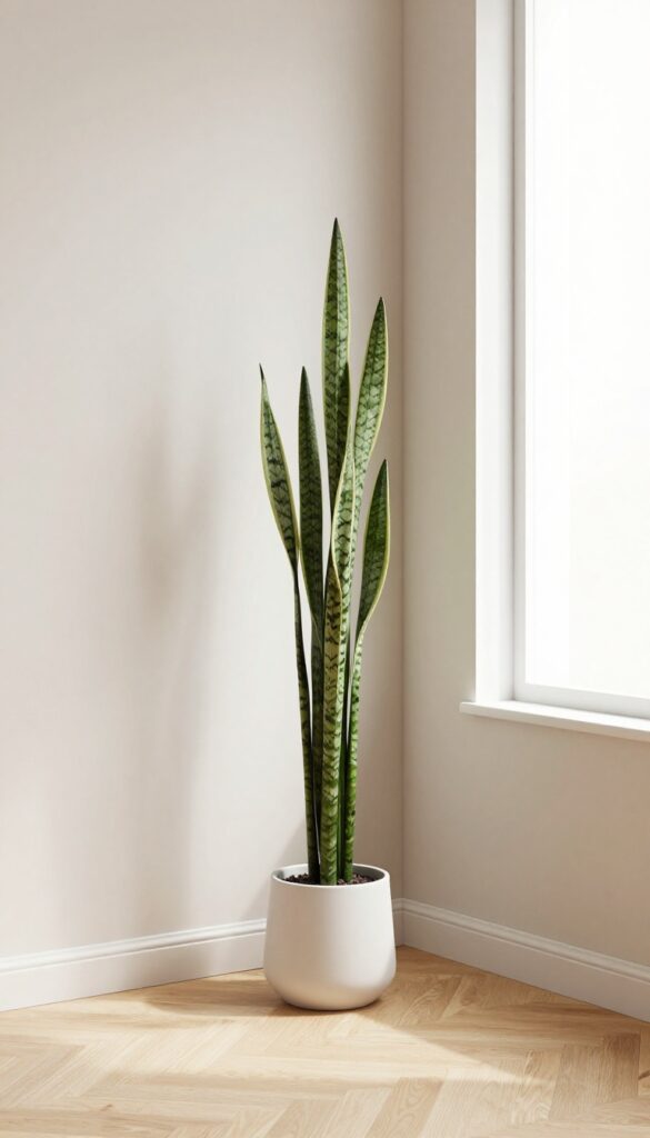 Tall snake plant in white pot near window in modern mobile home living room