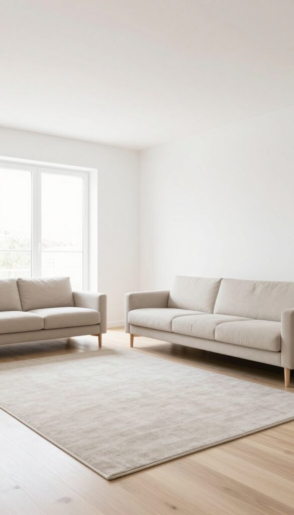 Open-plan living room with a large neutral rug defining the seating area, modern furniture, and natural light.