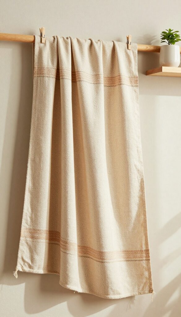 Fabric wall hanging made from a vintage scarf draped over a wooden dowel, with a small shelf and sconce beside it