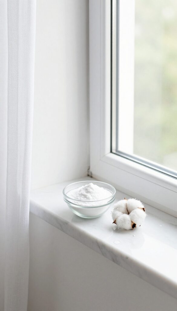 A bright bathroom with an open window, fresh air, and a bowl of baking soda with essential oil on the windowsill.