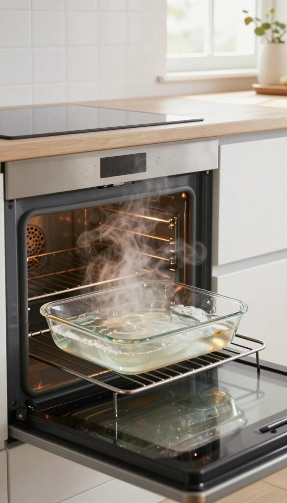 Oven steaming with water and vinegar in a glass dish to loosen grease and grime