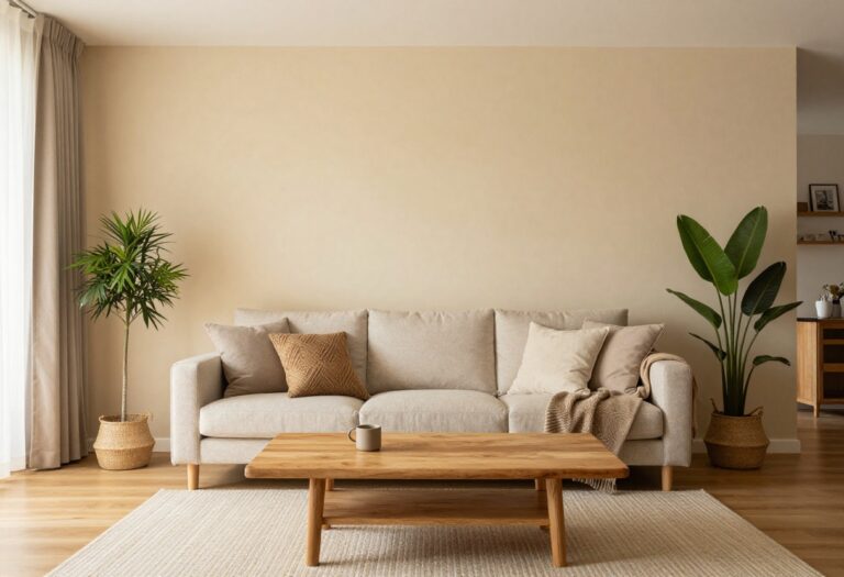 Cozy living room with a warm painted accent wall, sofa, and layered decor