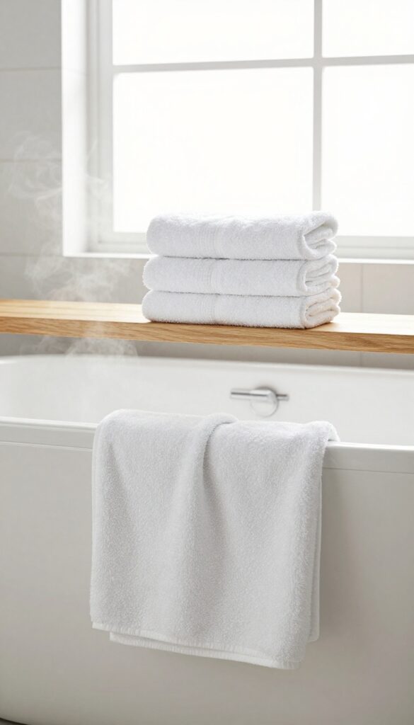 Fresh white towels and a clean bath mat in a bright, airy bathroom