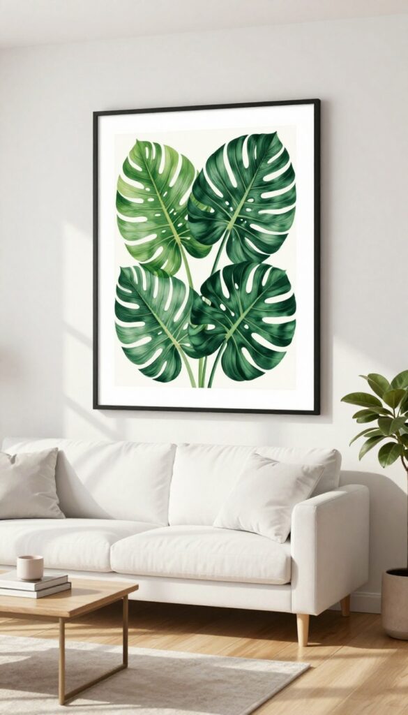 Framed botanical wrapping paper art above a white sofa in a bright living room
