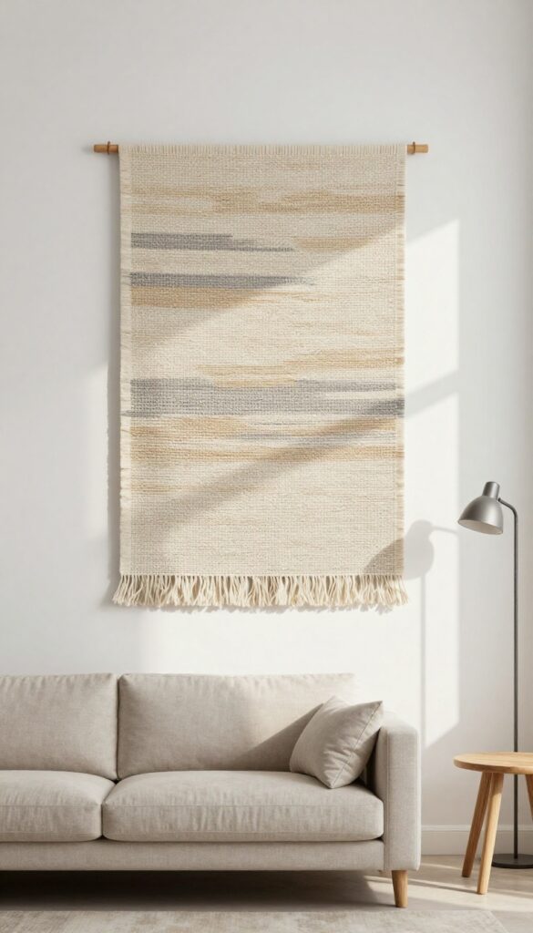 Small living room with a large woven fabric wall hanging as an accent wall, low sofa, floor cushions, and natural light.