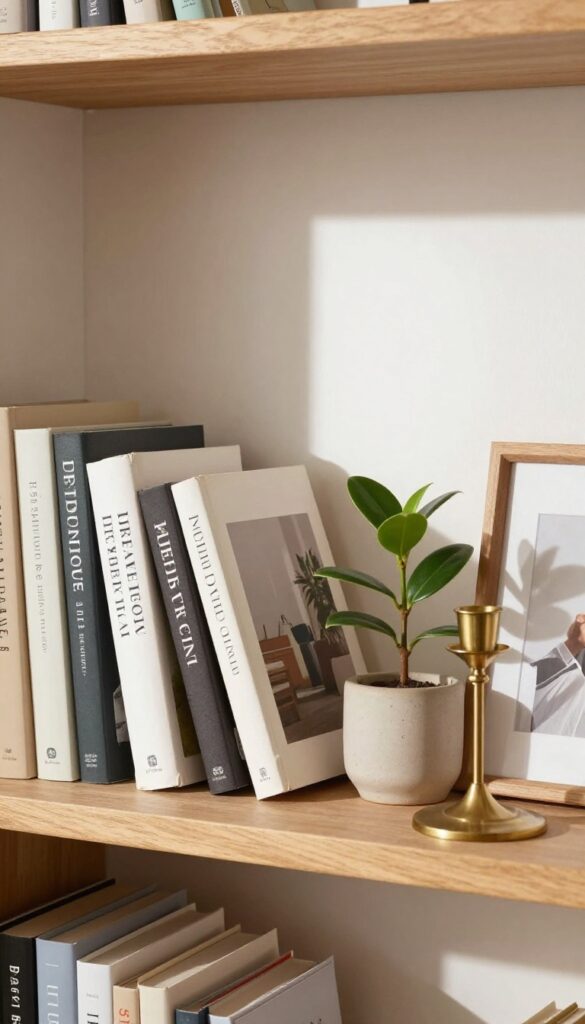 A styled bookshelf with books and decorative objects in natural light