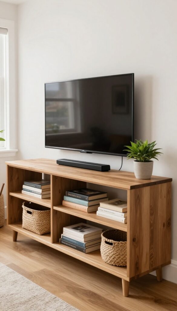 Low TV console with open shelving, mounted TV, baskets and books, cozy living room