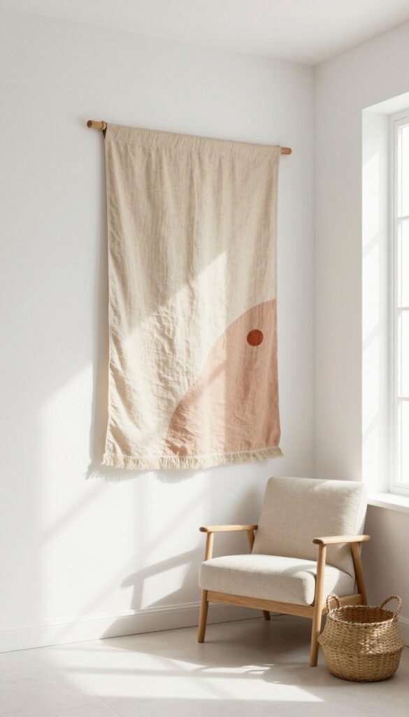 DIY textile wall hanging in a cozy living room corner adding texture and warmth