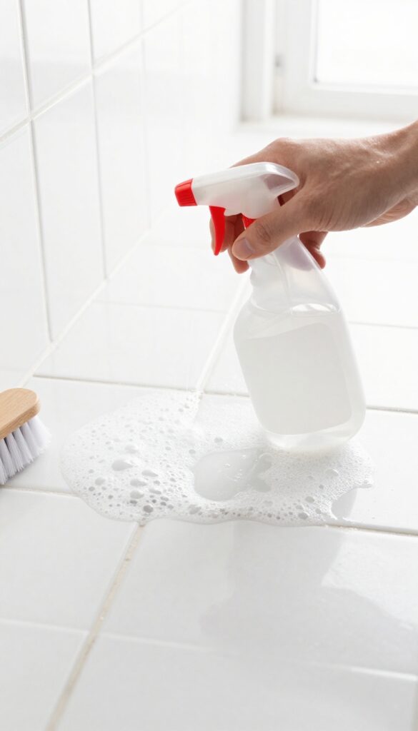 Applying hydrogen peroxide to tile grout with a spray bottle and brush for cleaning