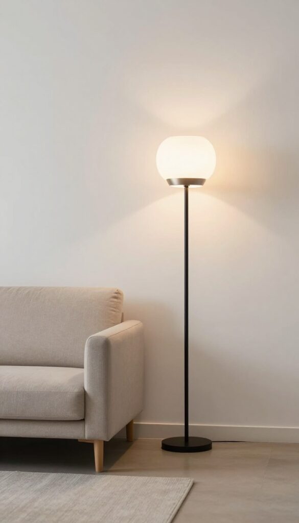 A floor lamp placed behind a sofa in a bright living room, casting warm ambient light upward.