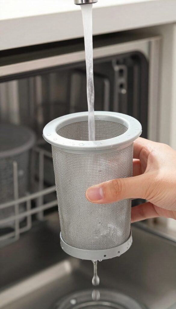 Close-up of a clean dishwasher filter under running water in a bright kitchen