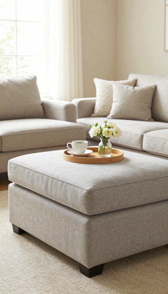 Living room with a storage ottoman coffee table, tray with coffee and flowers, natural light, beige walls, cozy rug.