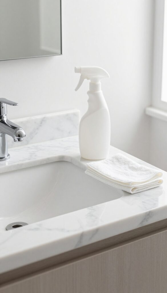 Clean bathroom sink and counter with marble top, chrome faucet, and cleaning supplies