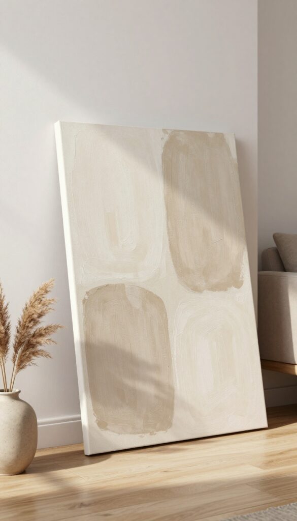 Large abstract canvas leaning against wall on console table in bright living room with natural light