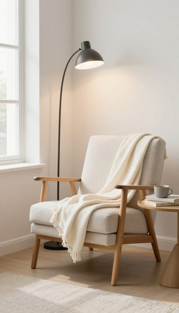 Cozy reading nook with armchair, floor lamp, and side table in a bright cottage living room.