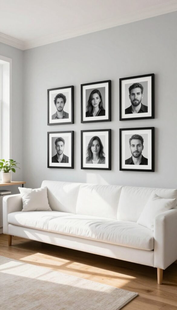 A row of matching black frames with black-and-white photos hanging in a straight line above a white sofa in a bright modern living room