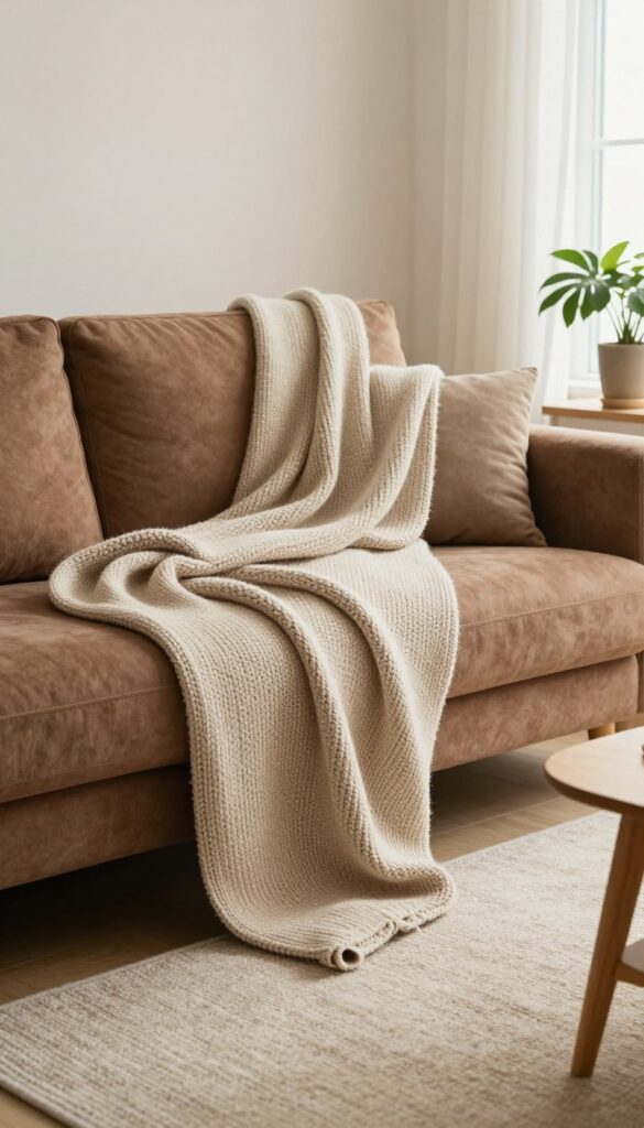 Chunky knit throw in cream draped over a brown sofa in a beige living room, warm natural light