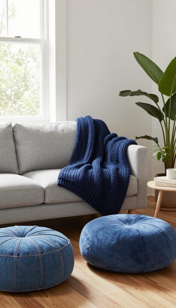 Cozy living room corner with blue throw blanket and pouf