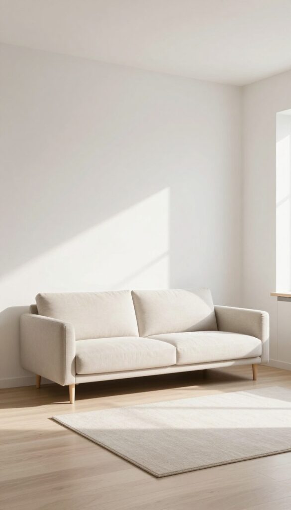 Tiny living room with sofa floated away from wall, console table behind, and rug anchoring the space