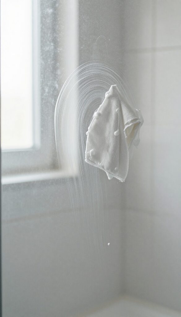 A person buffing a cornstarch and vinegar paste onto a shower glass door with a microfiber cloth, achieving a polished, reflective shine in bright natural light.