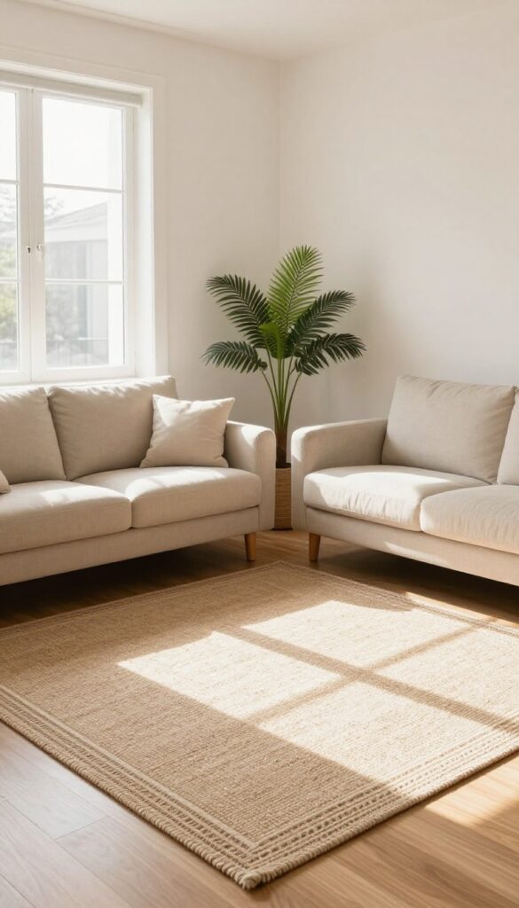 A bright tiny living room with a large cream rug defining the seating area, sofa and chair front legs on rug, natural light, clean and airy.