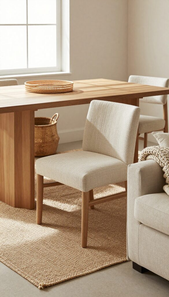 Light and airy small living-dining room with natural textures like jute rug, linen chairs, seagrass basket, and rattan tray.