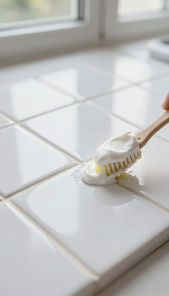 Applying lemon juice and cream of tartar paste to grout lines with a toothbrush for cleaning.