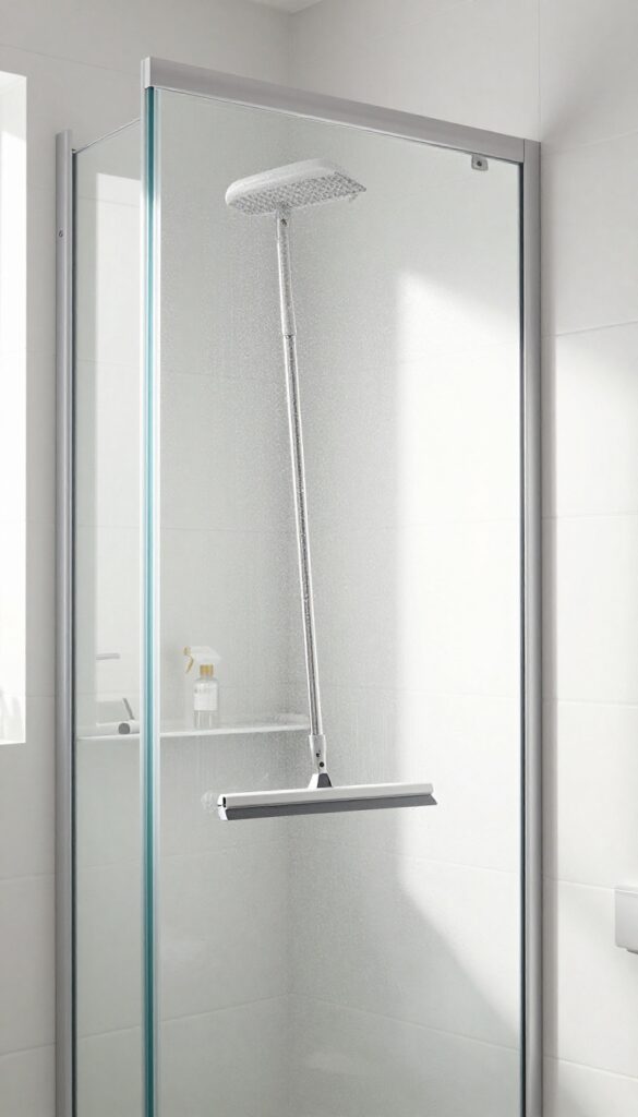 Shower with squeegee and spray bottle, bright natural light, clean glass doors