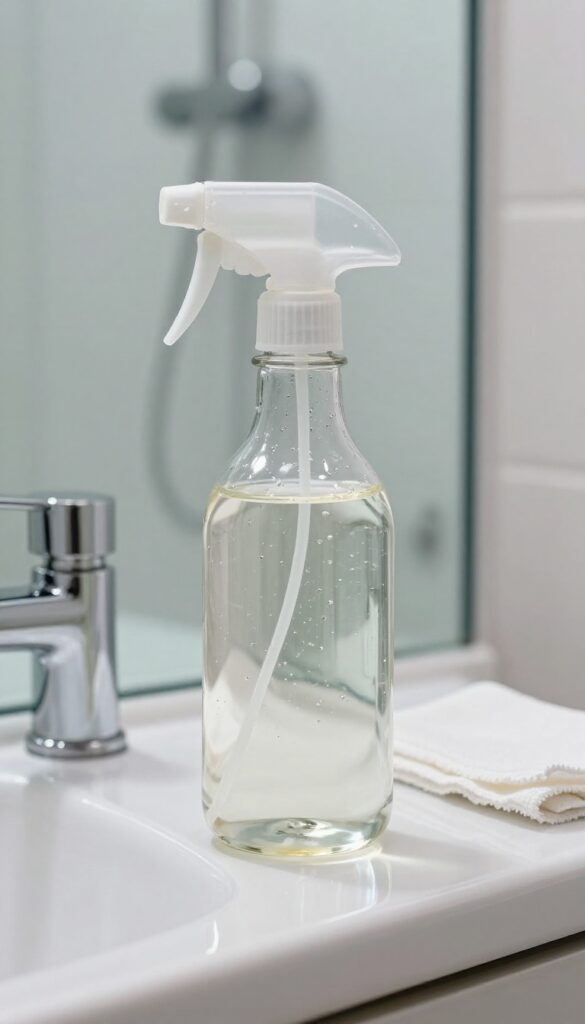White vinegar spray bottle on bathroom counter with faucet and glass shower door