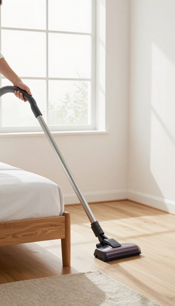 Person vacuuming along baseboard in bright bedroom