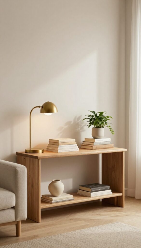 Cozy small living room with slim console table behind sofa styled with lamp, books, and trailing plant in warm neutral tones.