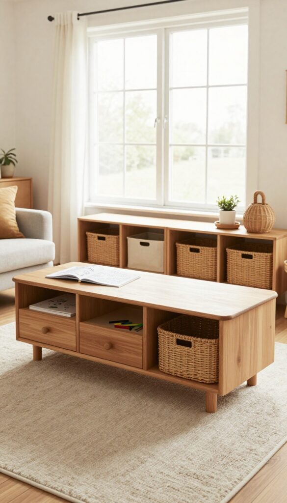 A low wooden play table with built-in storage in a cozy living room, featuring drawers and cubbies with baskets, near a window with natural light.