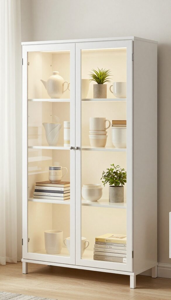 IKEA Besta storage wall with glass doors displaying curated collectibles, ceramics, books, and a plant, warm LED lighting, neutral color palette, clean and airy composition.