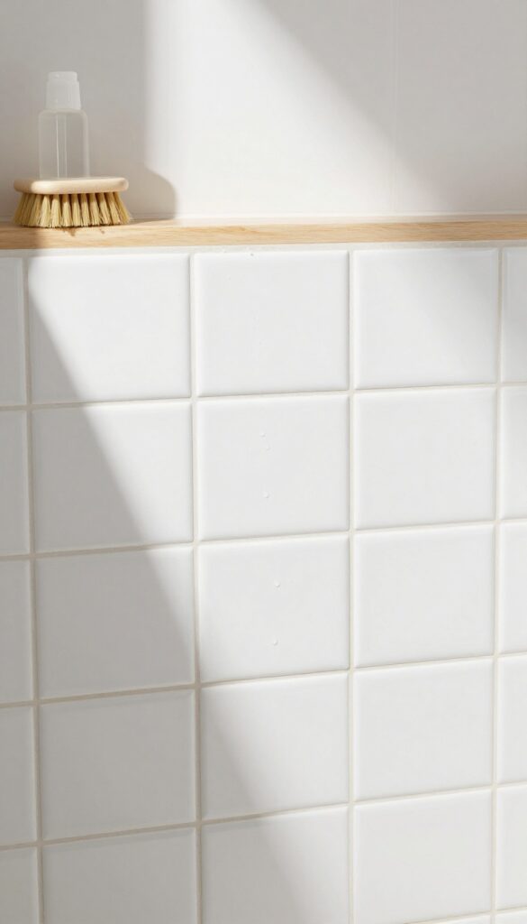 Clean white shower tiles with sealed grout, applicator bottle and brush on ledge, bright natural light