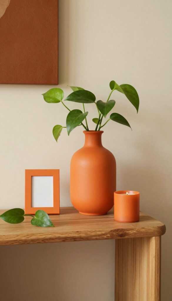 Close-up of orange accents on a console table: ceramic vase, picture frame, candle, and trailing pothos plant against a warm beige background.
