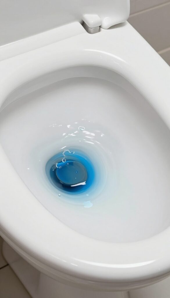 Fresh toilet bowl after final rinse with blue essential oil drop