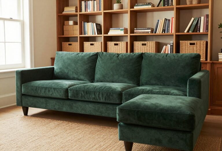 Cozy living room with green velvet sofa, built-in bookshelves, and storage ottoman