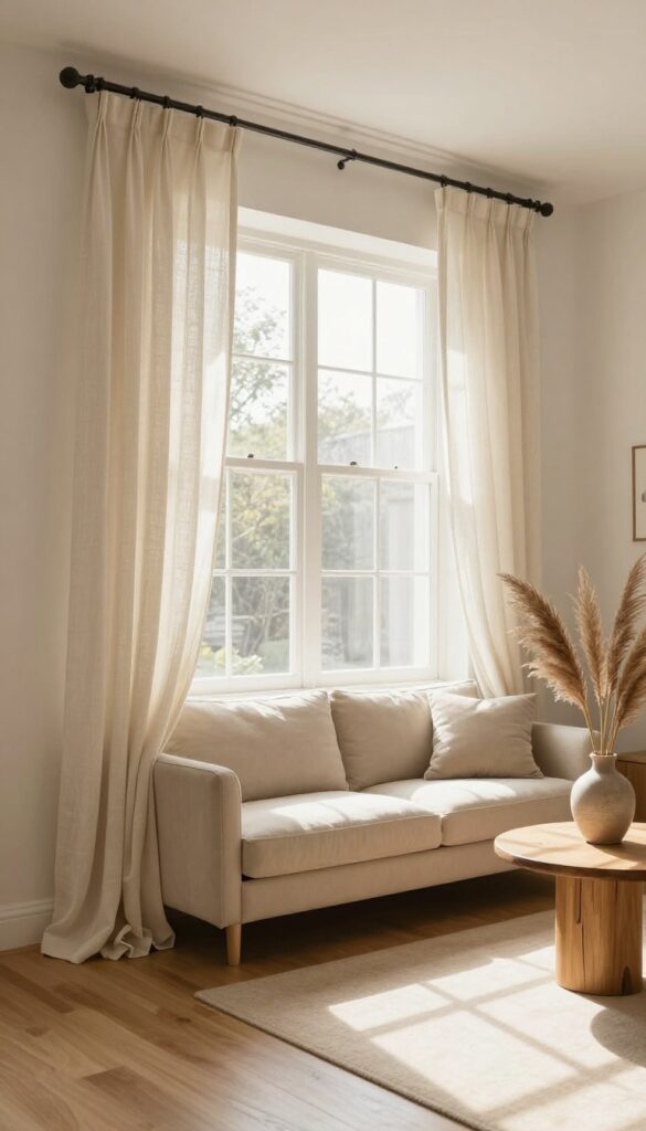 Living room with curtains hung high and wide to make the space feel larger, featuring light linen drapes, a cozy sofa, and warm natural light.