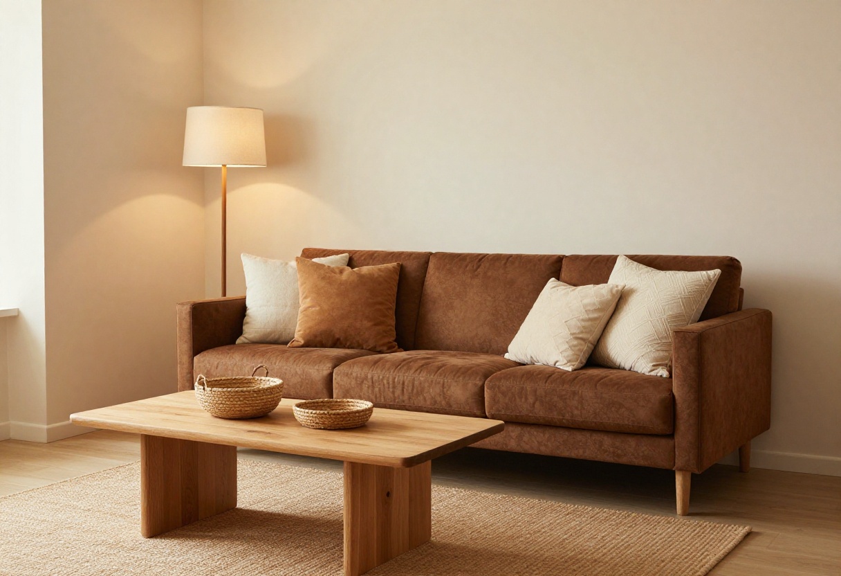 Cozy brown and beige living room with layered textures and warm lighting