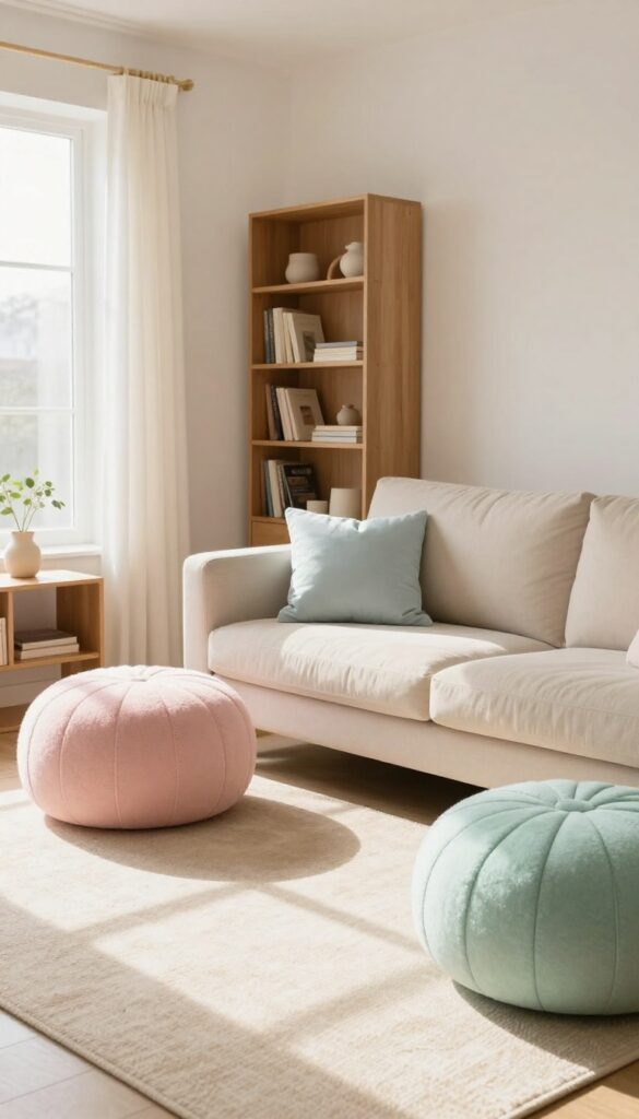 Cozy living room with pastel wool poufs in pink, mint, and blue, placed near sofa and bookshelf, natural light, warm atmosphere.