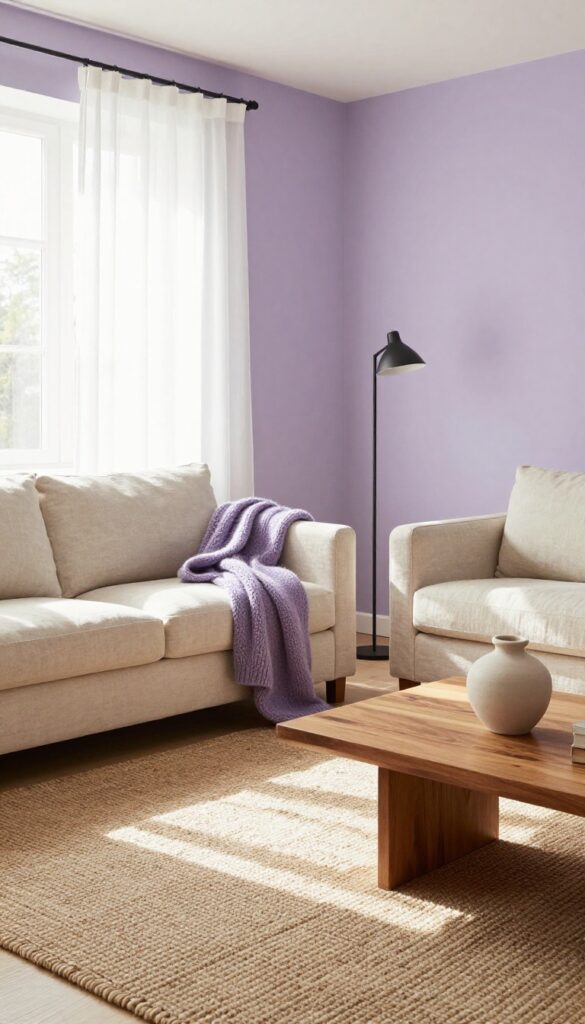 Bright living room with dusty lavender walls, cream sofa, jute rug, and natural light