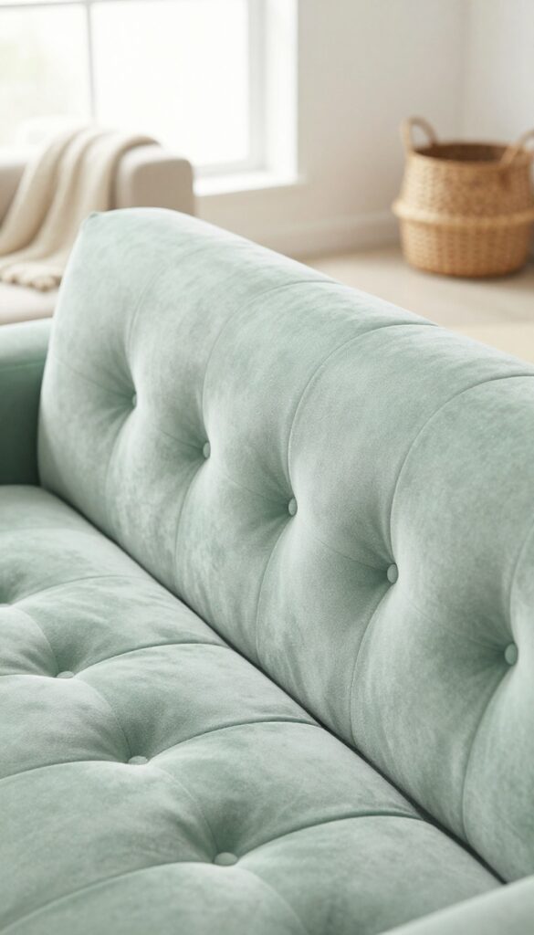 DIY tufted headboard or sofa back in a budget-friendly living room with soft velvet fabric and tufted buttons in natural light.