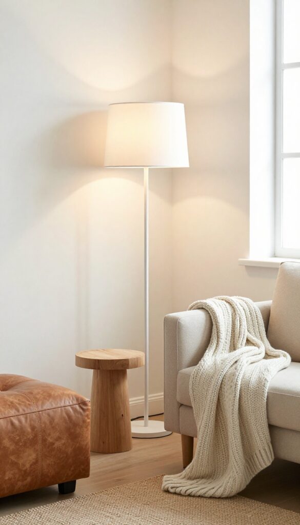 Cozy living room corner with a tall white floor lamp beside an armchair and side table