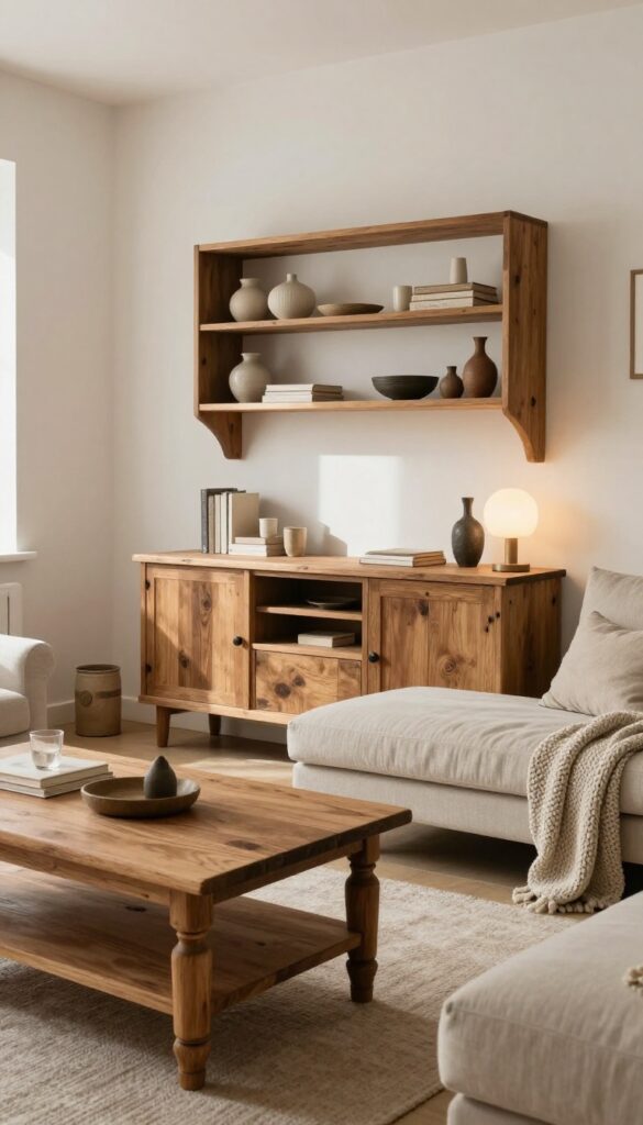 Cozy living room with rustic wooden furniture, warm lighting, and soft textiles