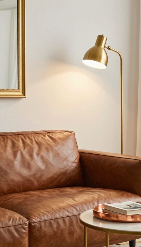 Brown couch with brass floor lamp and gold-framed mirror in small living room