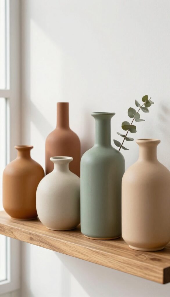 Floating shelf with vintage ceramic vases in warm earth tones, styled with dried eucalyptus, soft natural light