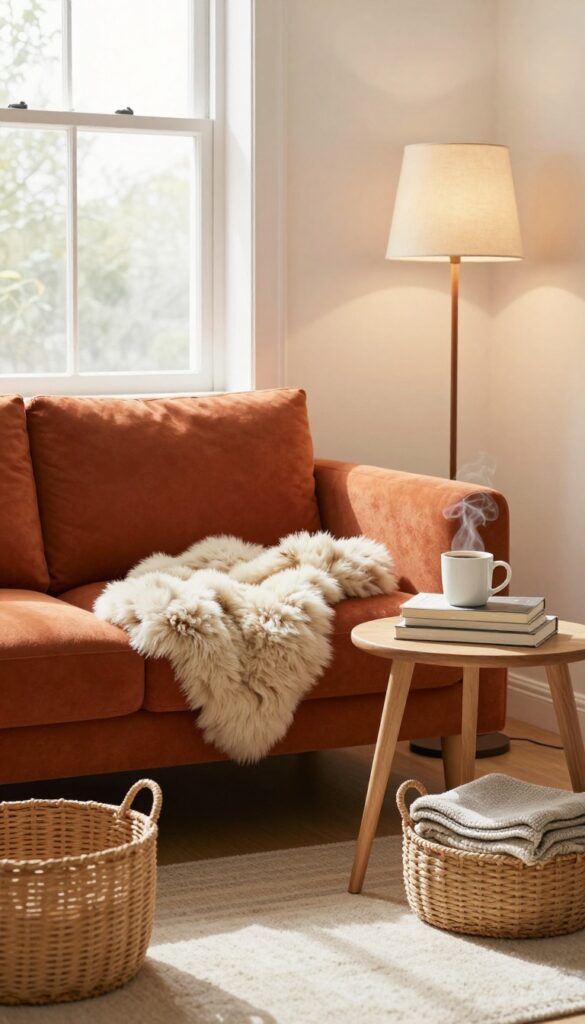 Cozy reading nook with burnt orange sofa, floor lamp, side table with coffee and books, woven blanket basket, sheepskin throw, warm lighting, bright natural light.