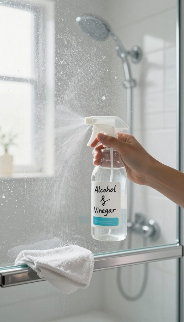 Close-up of spraying rubbing alcohol and vinegar solution on a glass shower door to remove soap scum and streaks, with a microfiber cloth nearby.